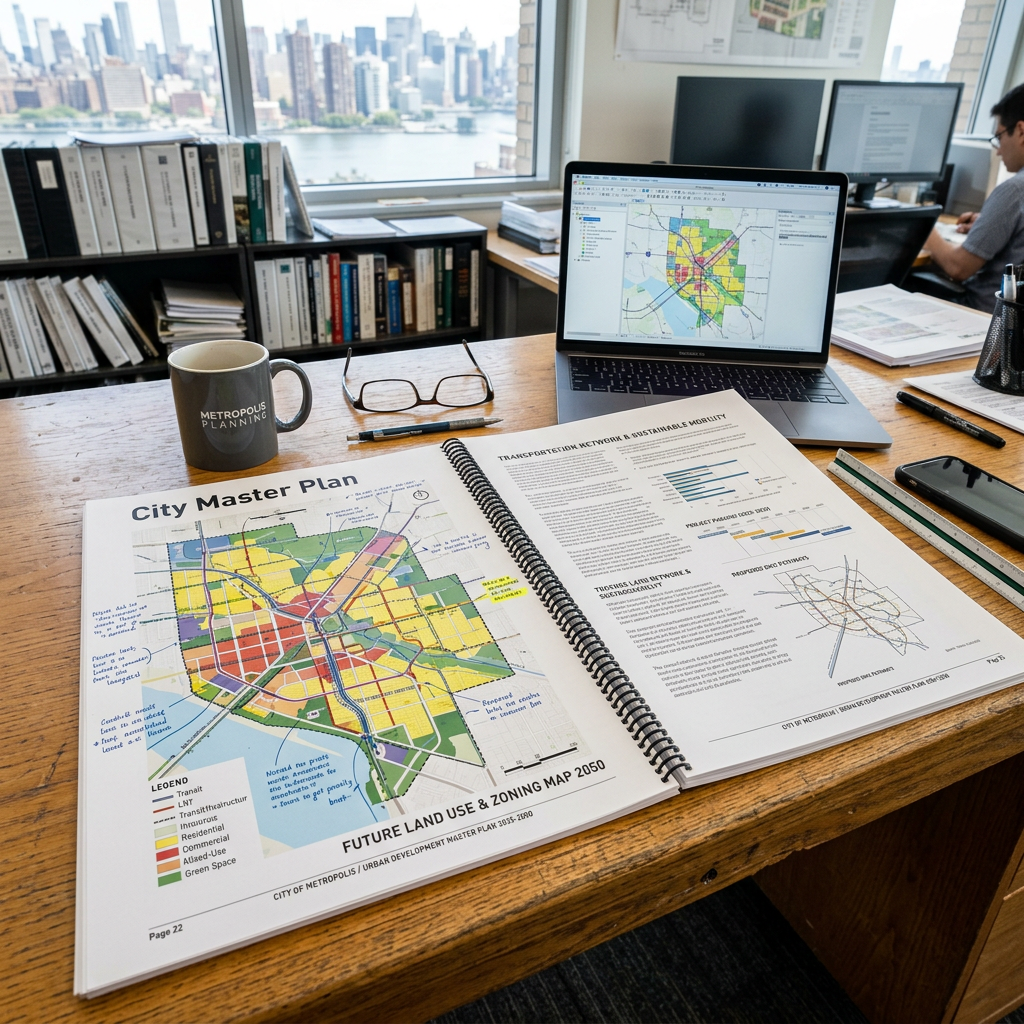 City master plan and future land use zoning maps with charts on a wooden desk