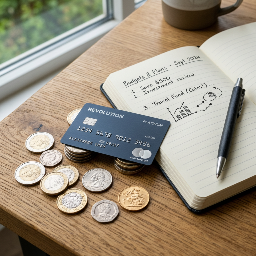 Notebook open to budget plans with handwritten notes, pen, credit card, and various coins on a wooden table