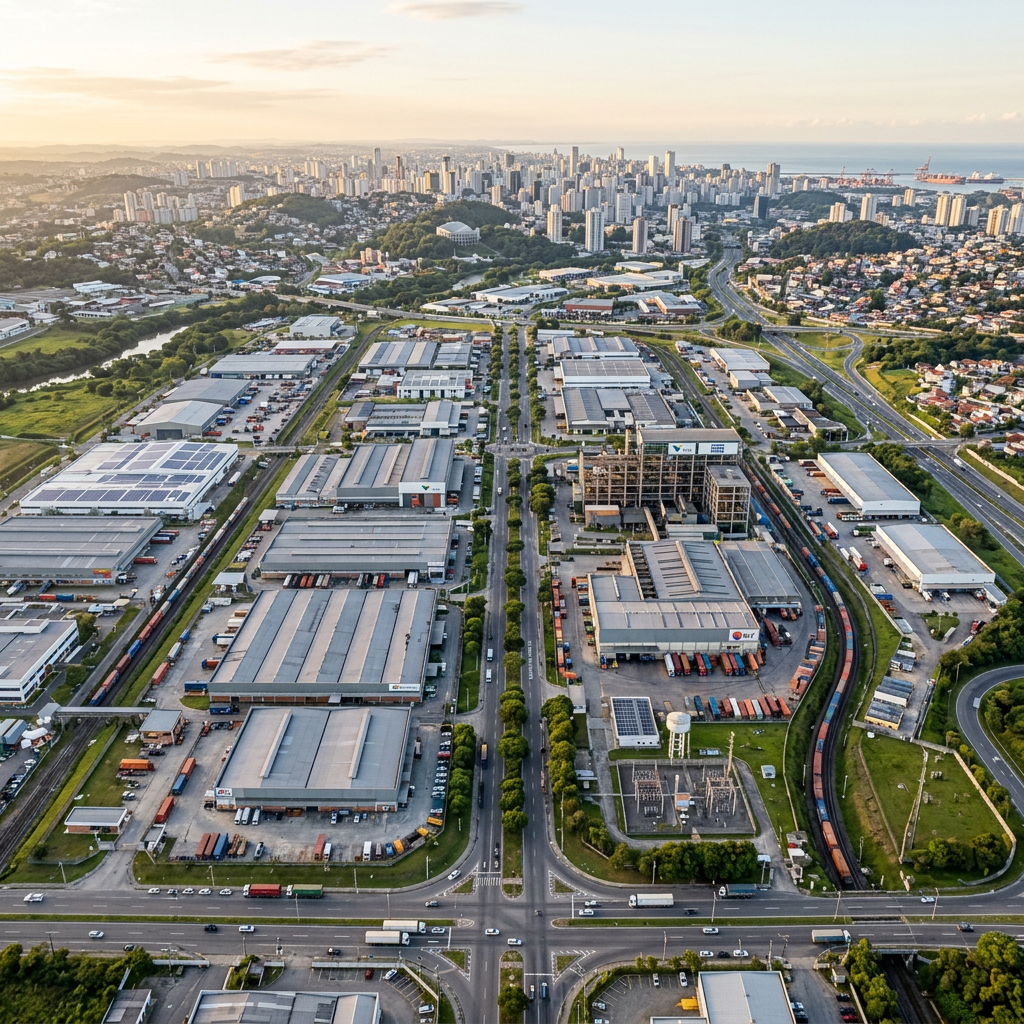 Aerial view of industrial warehouses, roads, and city buildings in the background