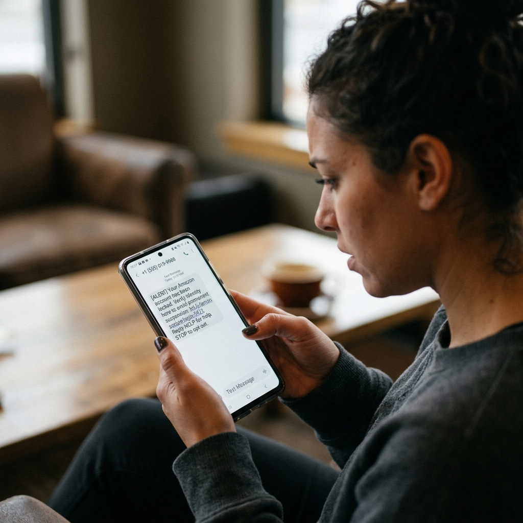 Person holding smartphone reading a text about suspicious Amazon account activity