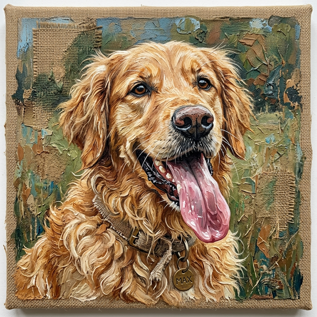 Golden retriever dog with a collar and tag reading Max, tongue out