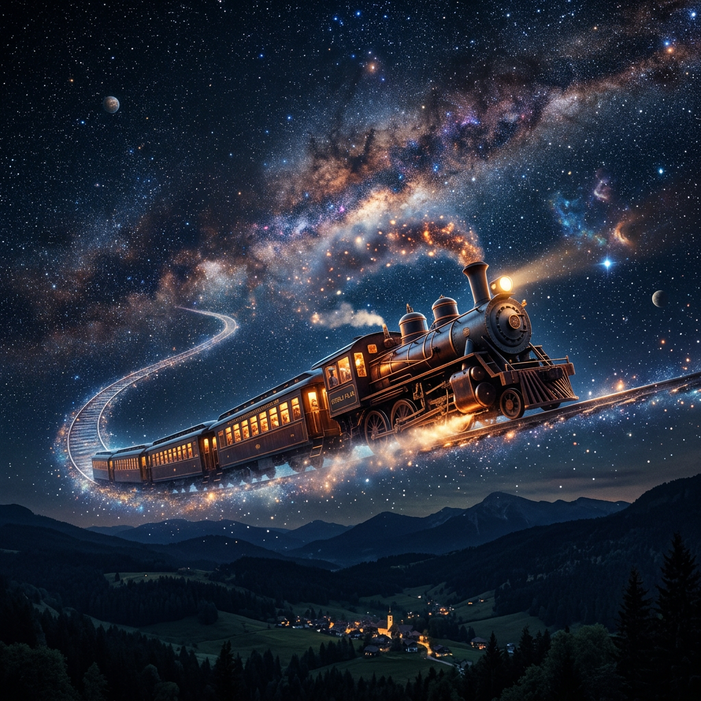 Vintage steam train flying through starry night sky with glowing galaxy and cosmic trail