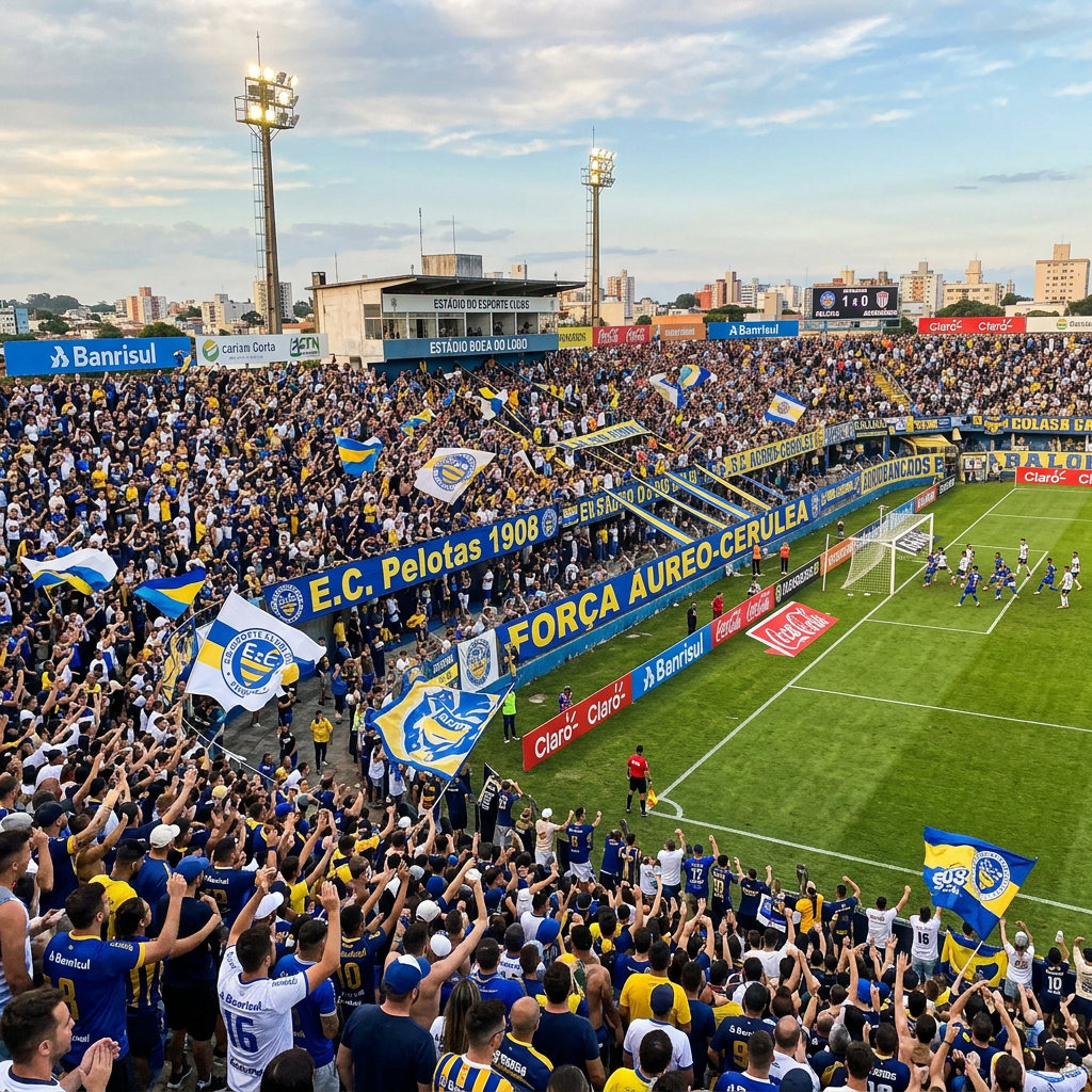 Crowd of soccer fans waving blue and yellow flags and cheering at a stadium during a soccer match