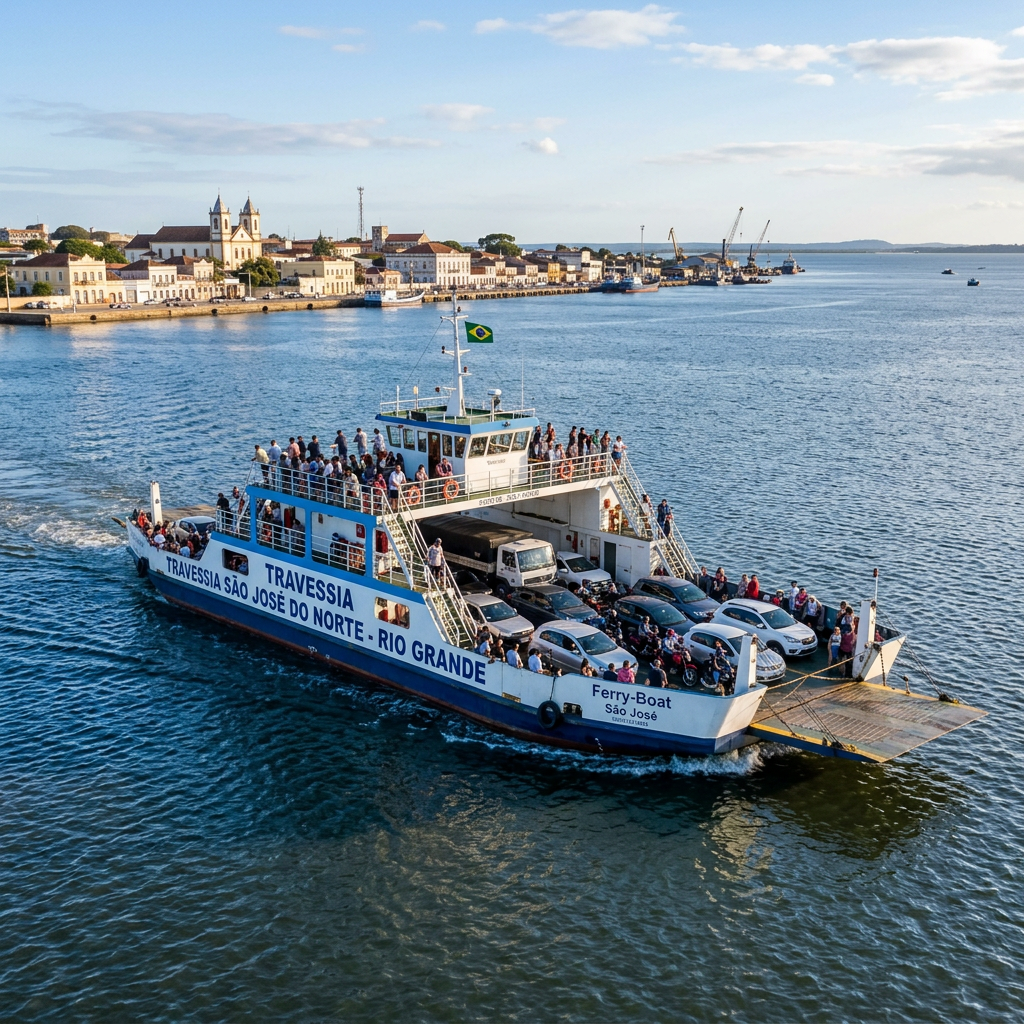 Ferry carrying cars and passengers crossing water near a coastal town.