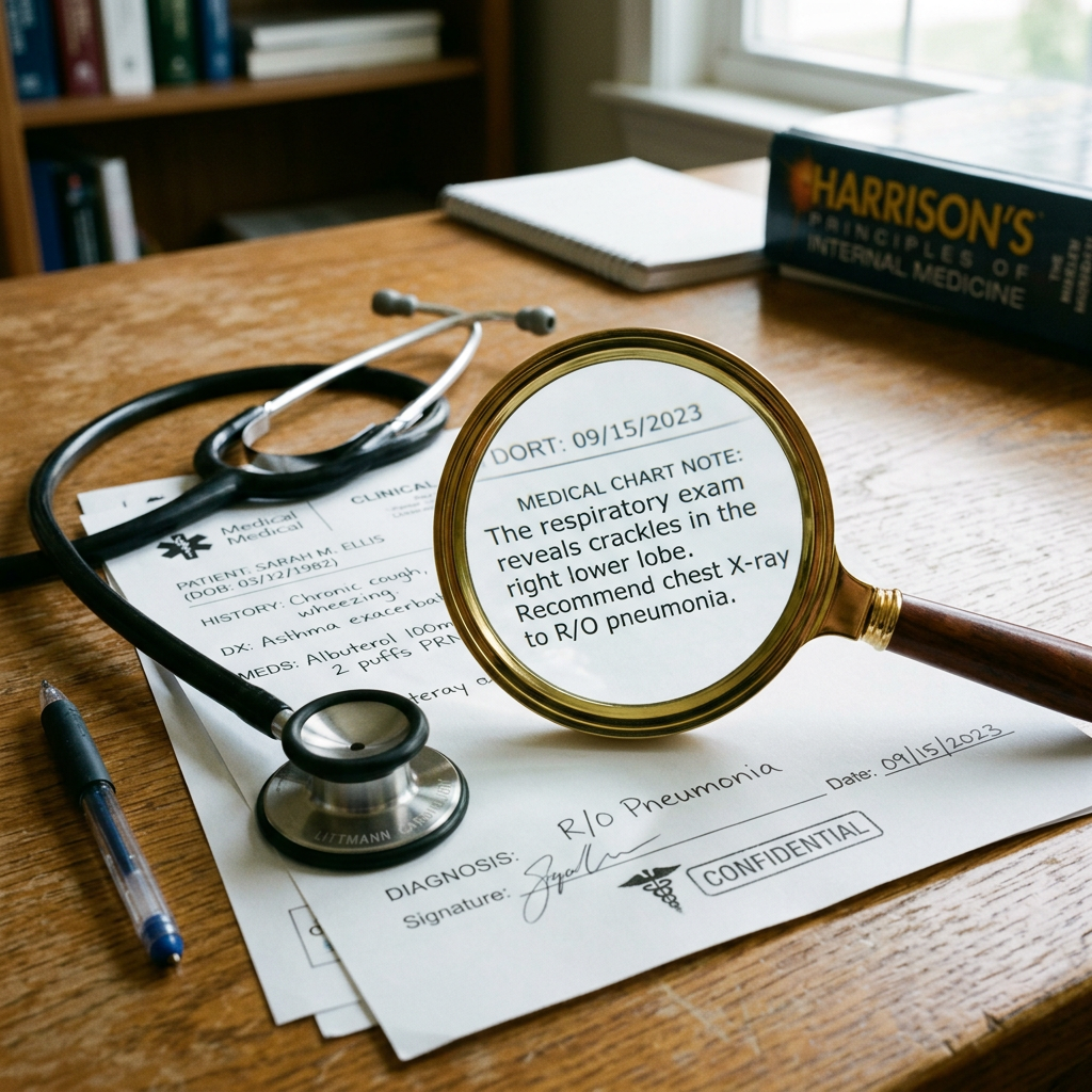 Medical chart with respiratory exam note magnified, stethoscope, pen, and medical textbook on desk