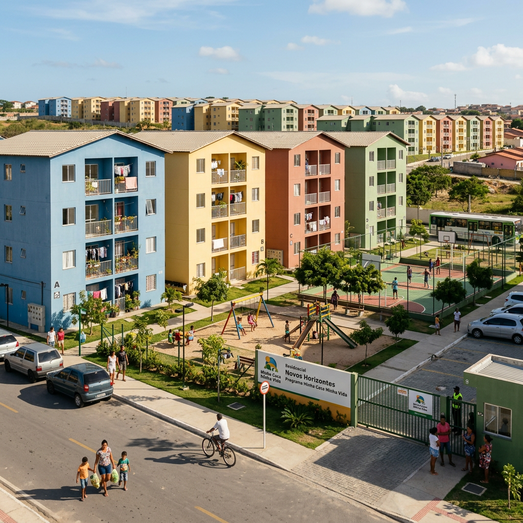 Colorful apartment buildings surrounding a playground and basketball court with people walking and playing