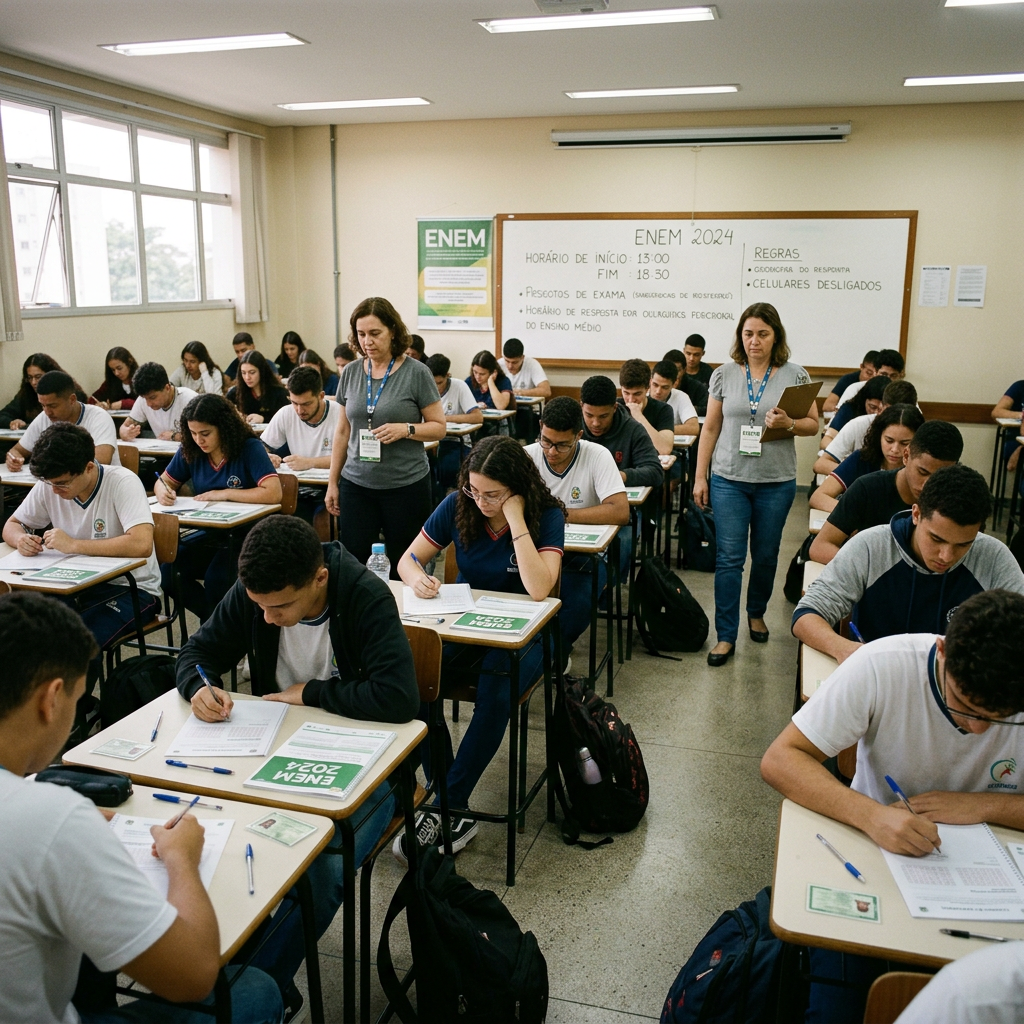 Students seated in rows writing the ENEM 2024 exam with proctors walking between desks