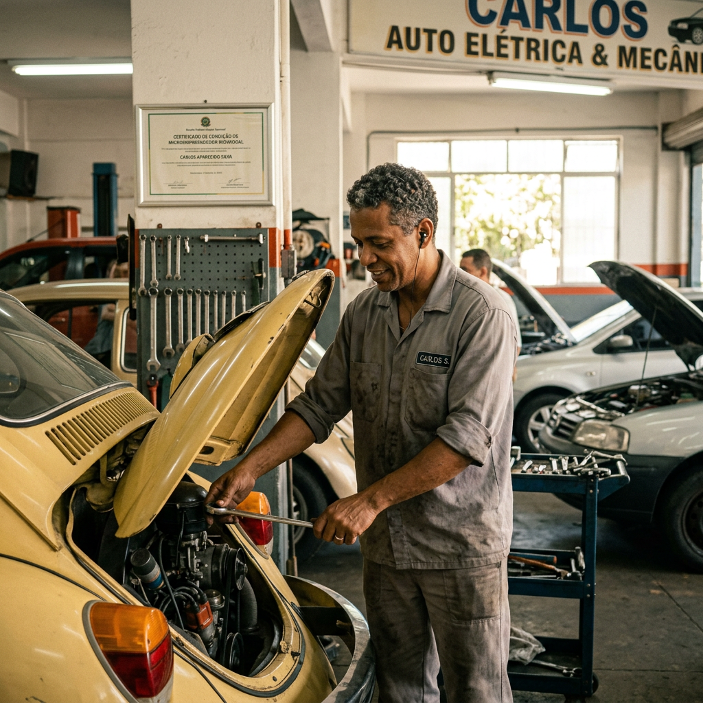 Mechanic using a tool to repair a yellow vintage car engine at the back