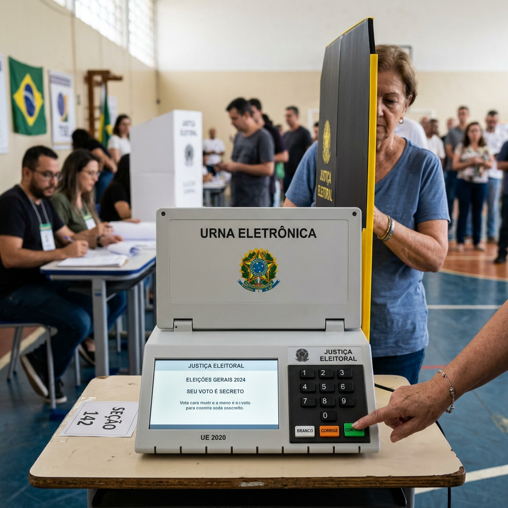 Electronic voting machine with Brazilian electoral symbols and voter pressing confirm button