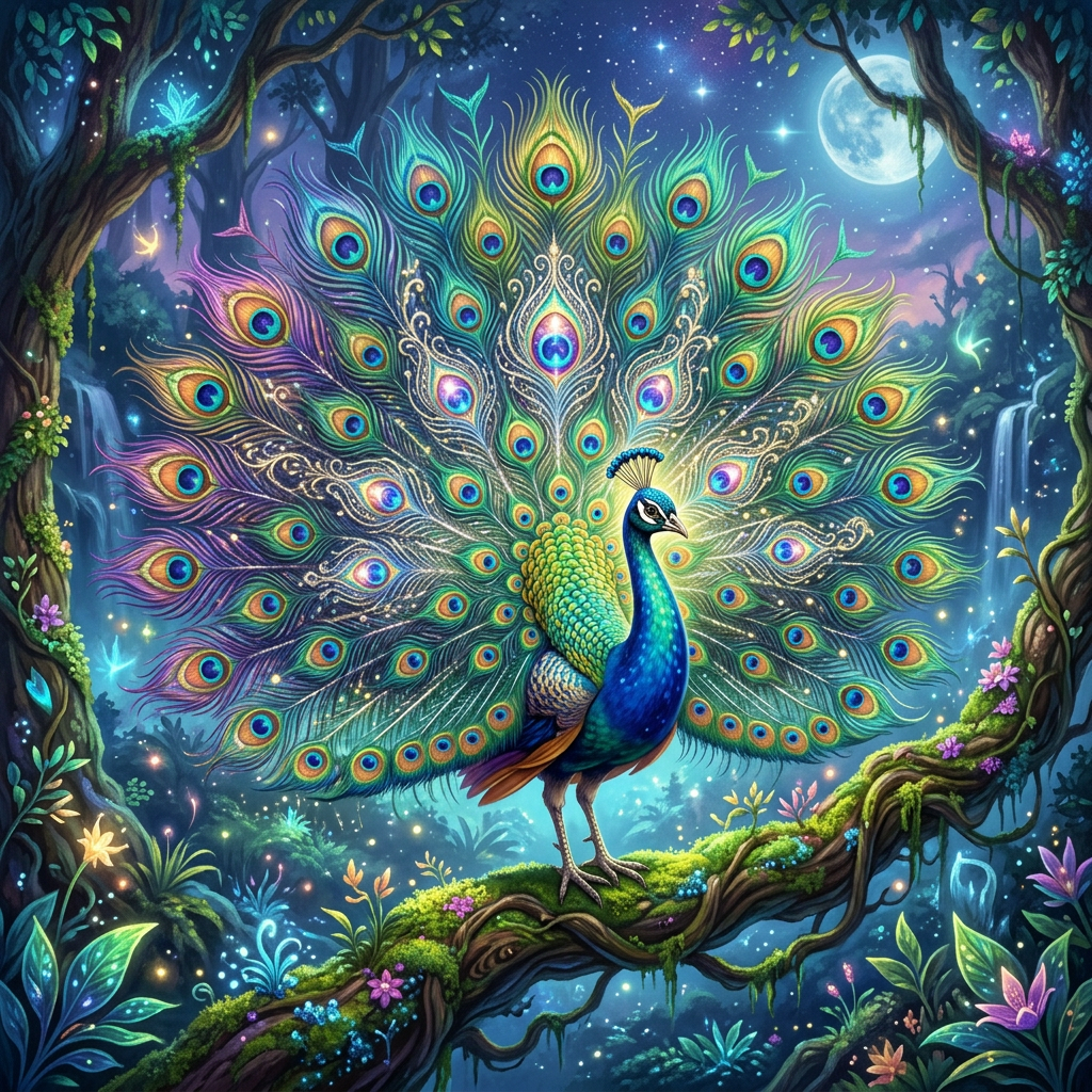 Brightly colored peacock with elaborate tail feathers standing on a moss-covered branch in a glowing, enchanted forest at night.