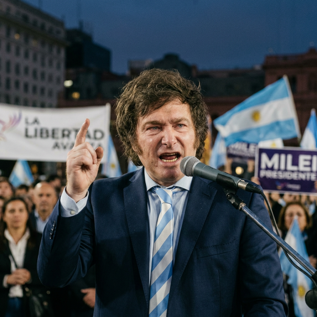 Man in suit speaking at microphone with Argentine flags and political banners behind