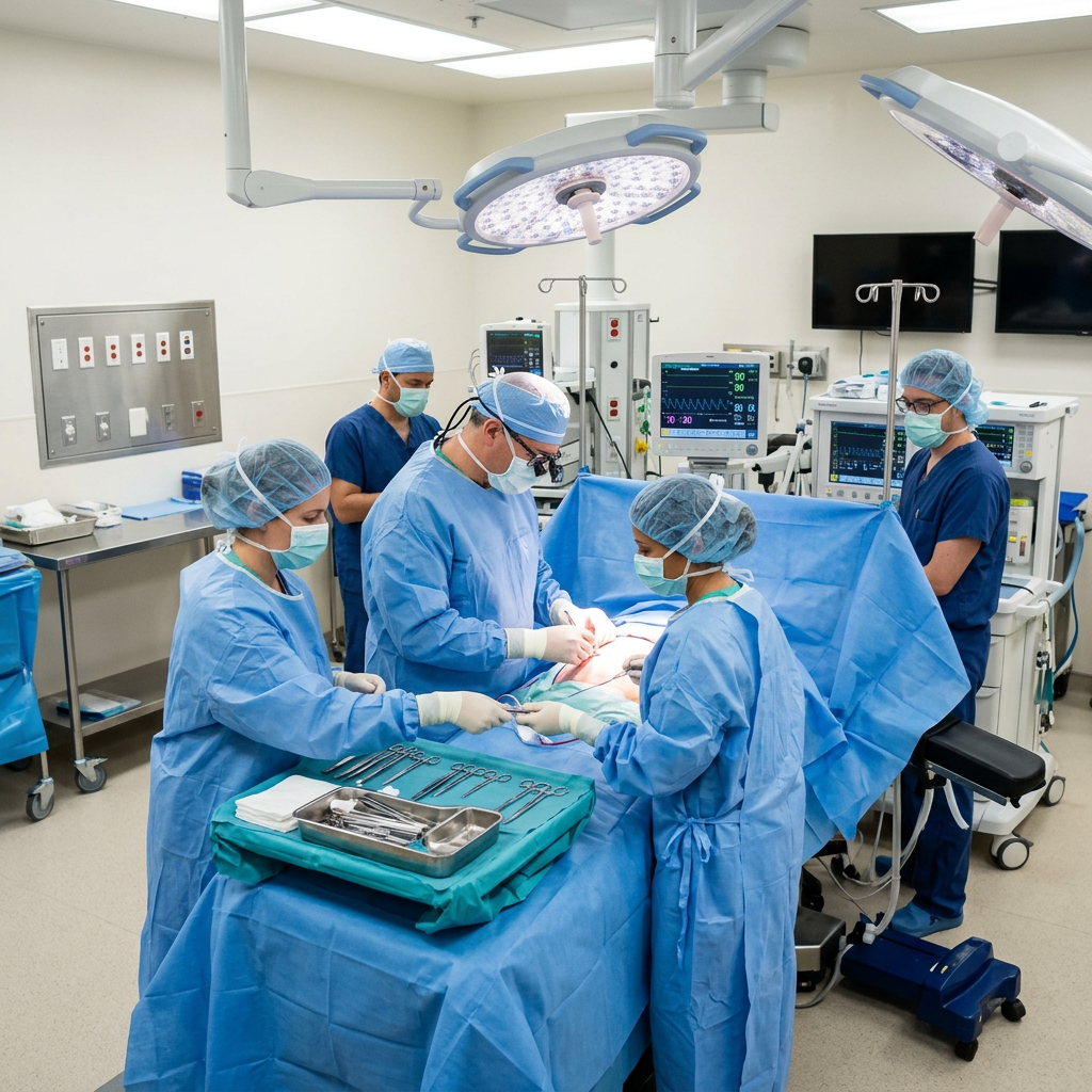 Surgical team performing an operation with medical instruments and monitoring equipment