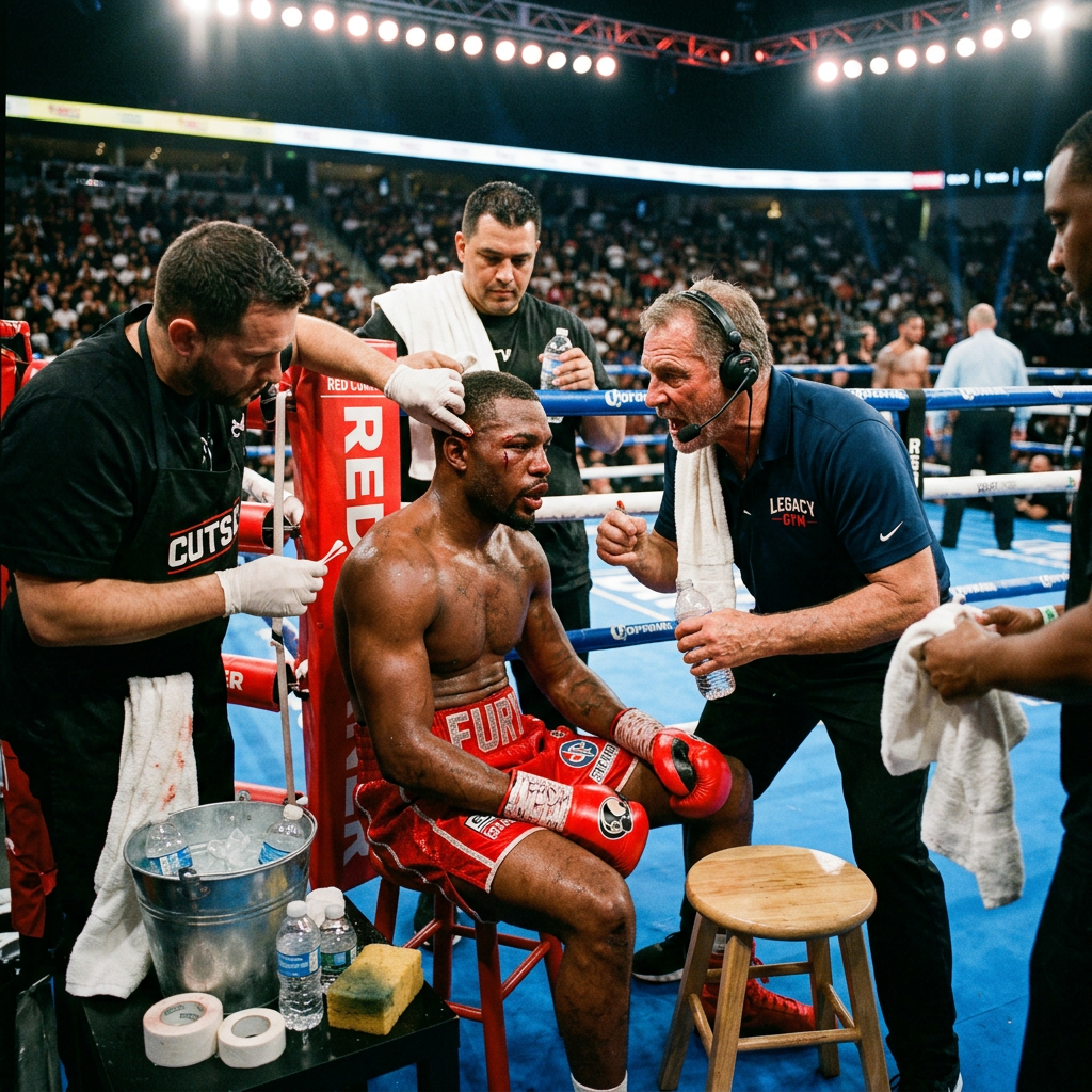 Boxer sitting in corner getting cut treated and coach speaking with him