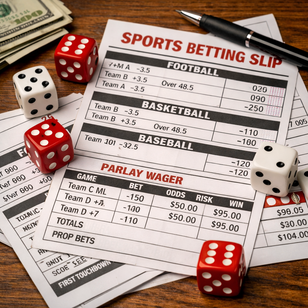 Sports betting slip with football, basketball, baseball bets, dice, pen, and cash