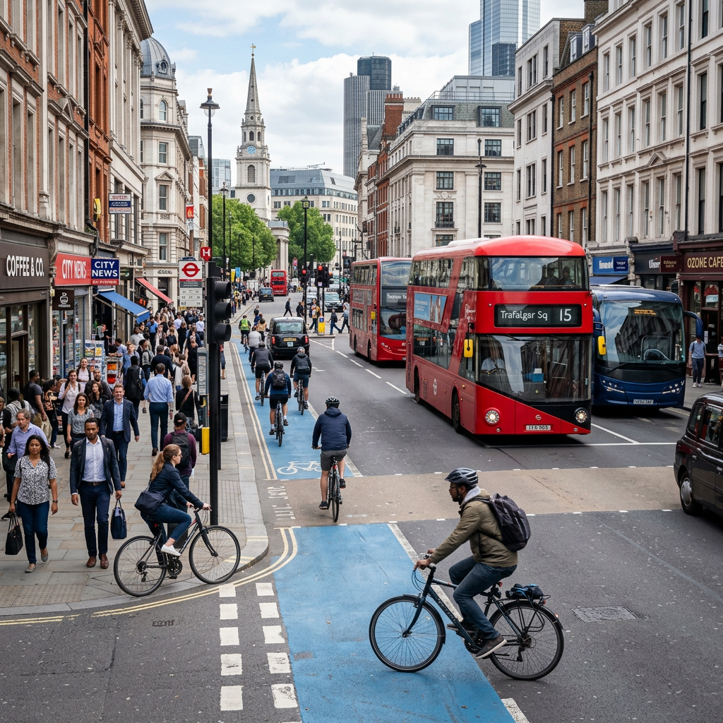 Busy London street with cyclists on blue bike lanes, pedestrians on sidewalks, and red double-decker buses