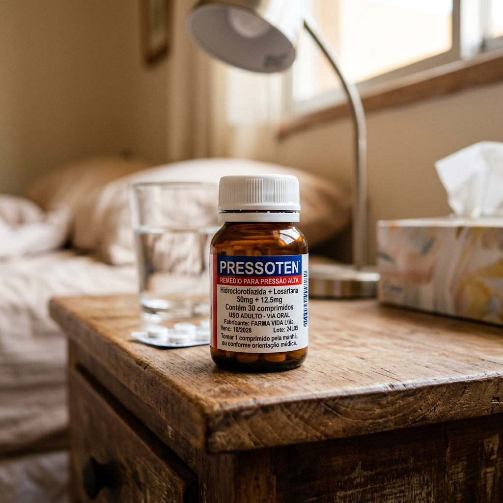 Bottle of Pressoten medication with glass of water on bedside table