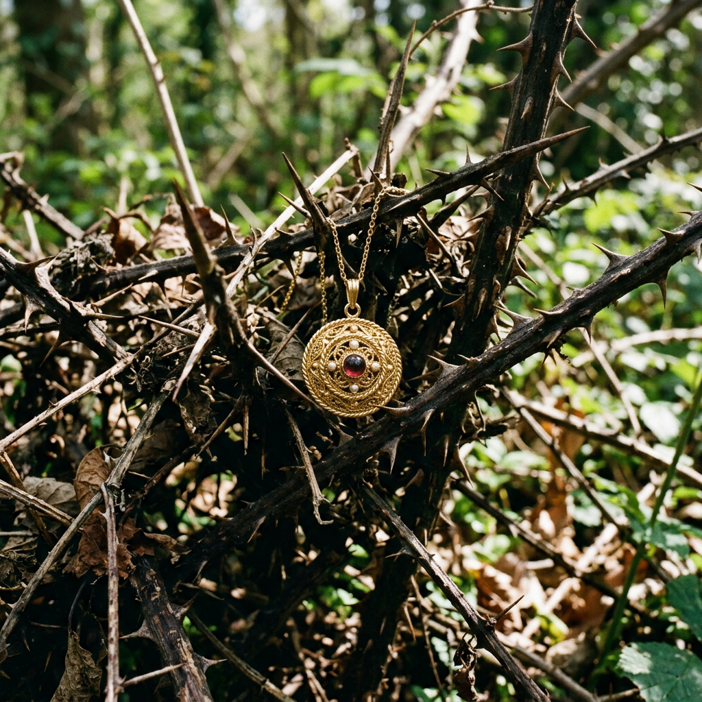 Golden pendant with red gem hanging on thorny branches