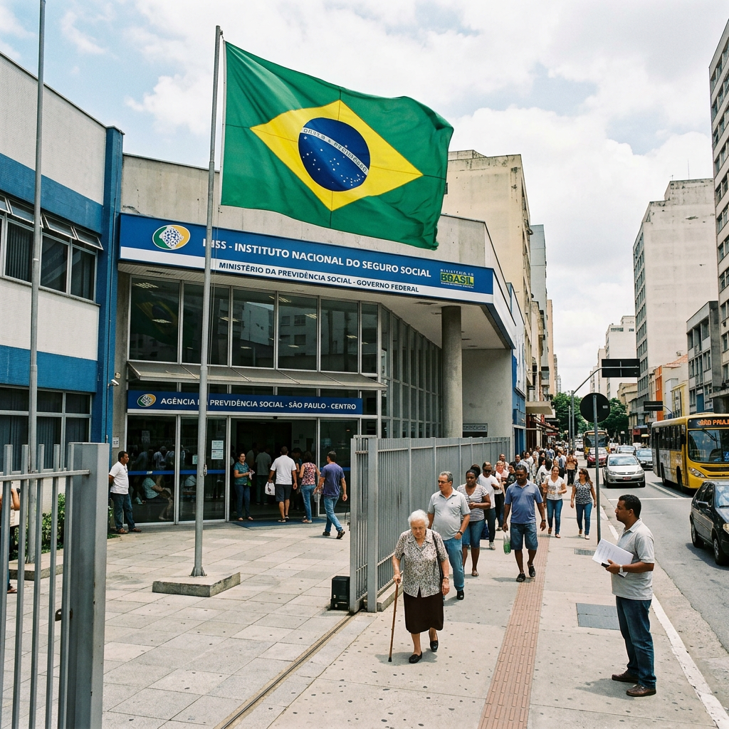 Entrance to INSS social security office in São Paulo with people walking outside