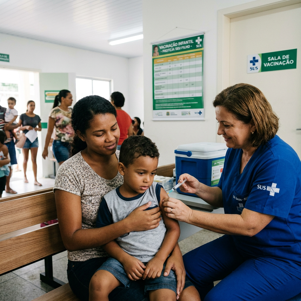 Healthcare worker vaccinates a child beside his mother in a SUS clinic