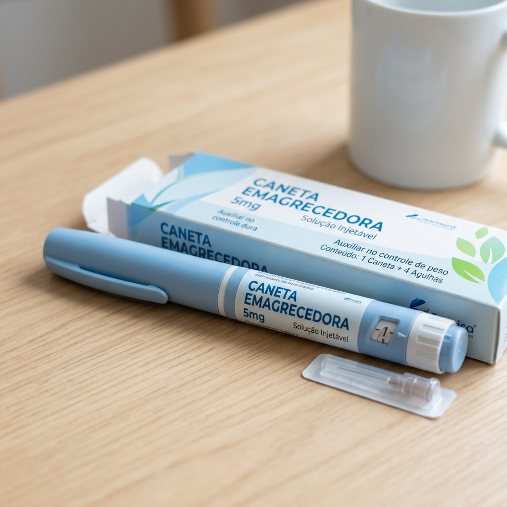 Caneta Emagrecedora 5mg solução injetável, with box, injection pen, and needle