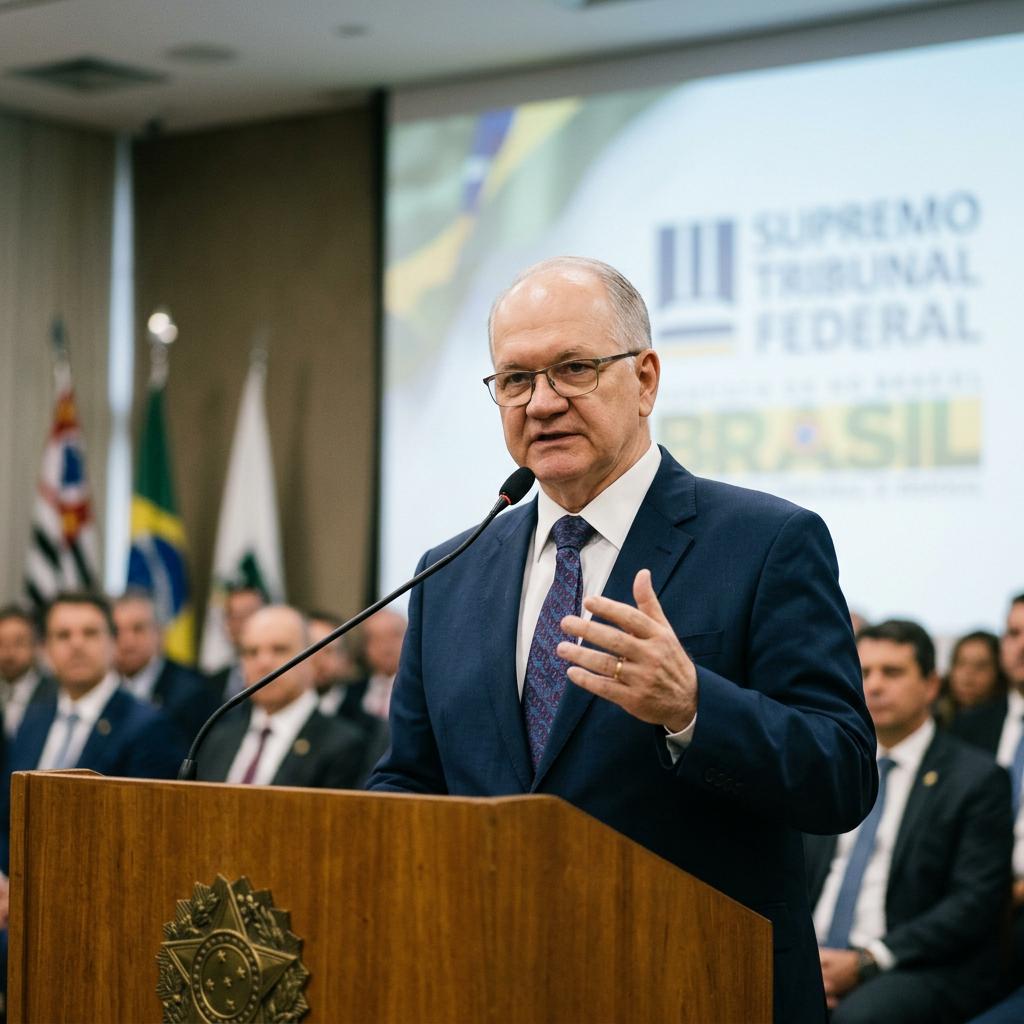 Senior official speaking at a podium before Brazil’s Federal Supreme Court officials