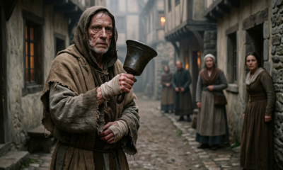 Medieval town crier holding a brass bell in a foggy village alley