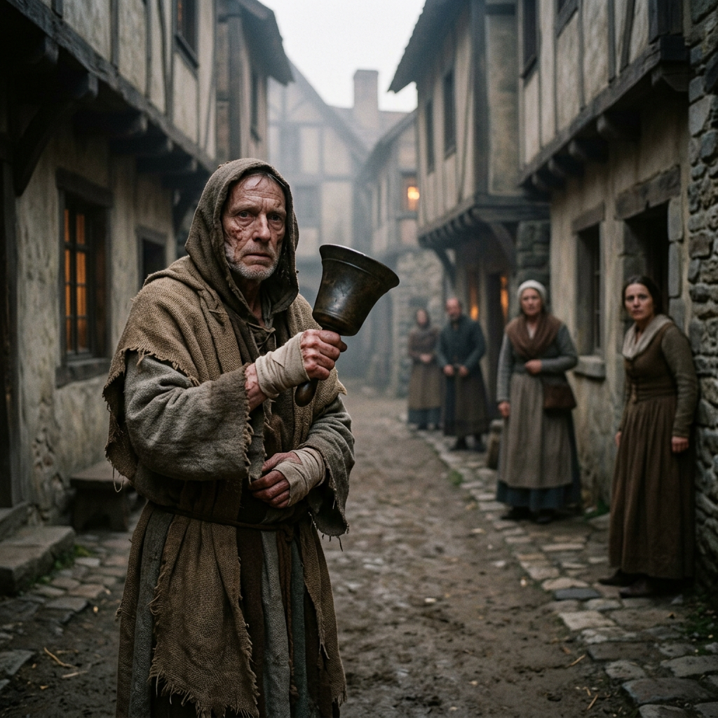 Medieval town crier holding a brass bell in a foggy village alley